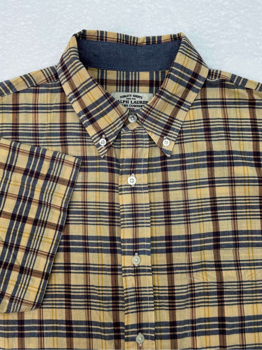Vintage Ralph Lauren Men's Large Short Sleeve Button Down Blue Tan Plaid